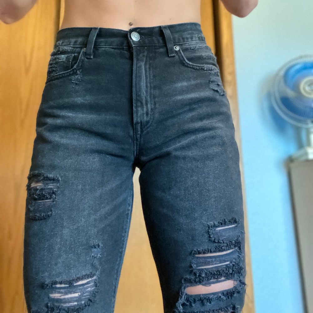 American Eagle Black Ripped Mom Jeans